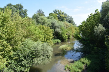 The Fischa River in Fischamend, Lower Austria on a sunny summer day. It is a right tributary of the Danube River.