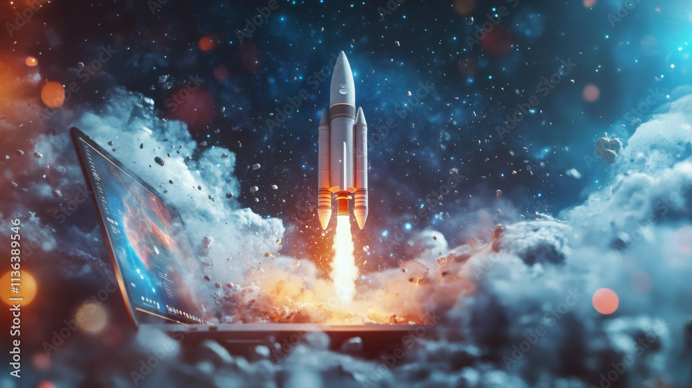 Poster laptop launching a spaceship into space amidst smoke, fire, and asteroids, representing the progress