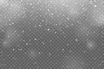 A realistic snowfall overlay effect on a transparent background. Vector illustration of various sizes white snowflakes creating wintry atmosphere. Design template for Christmas cards, banners, posters