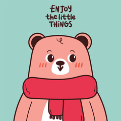 cute hand drawing cartoon bear with pink scarf. cute animal card, wallpaper and background for winter