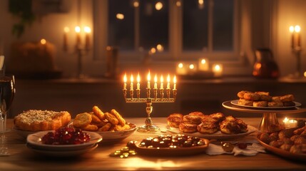 Naklejka premium Festive candlelit dinner with food, cozy dining table, warm light ambiance