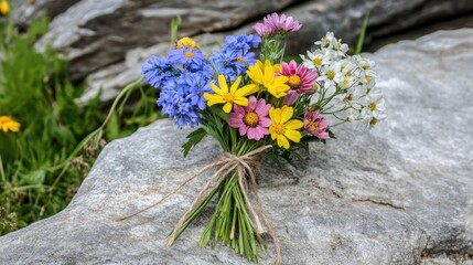 Vibrant Wildflower Bouquet Tied with Twine on a Natural Stone Surface