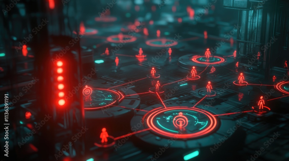 Poster futuristic digital network visualization with red elements and nodes