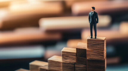 Obraz premium Miniature businessman standing on wooden blocks depicting personal growth, career advancement, and reaching goals