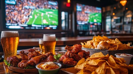 Bar scene with food and drinks, sports on TV, restaurant vibe, cozy atmosphere, chips and wings, night out, lively © Simon