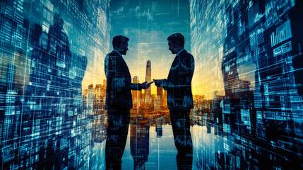 Two businessmen exchanging data on mobile devices in a futuristic cityscape at sunset, with a digital overlay of data streams and code