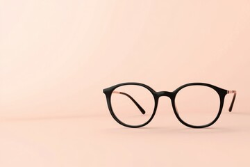 A clean design featuring a single pair of eyeglasses with a modern frame, rendered in neutral colors against a plain backdrop