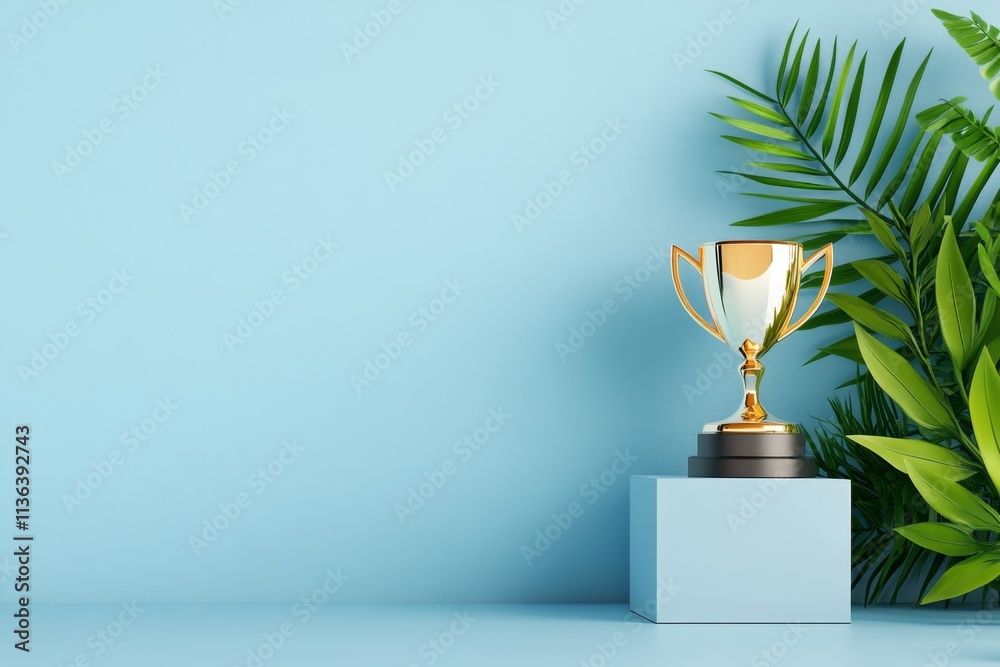 Poster a clean, minimalist illustration of a trophy on a podium, drawn with sharp lines and subtle gradient