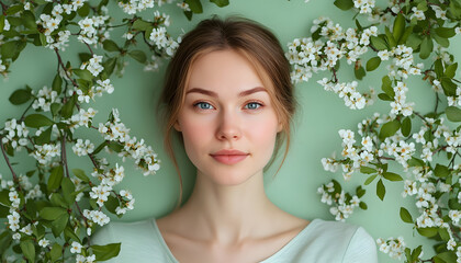 Woman with flawless skin surrounded by delicate spring blossoms