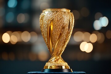 A close-up of a sparkling golden trophy, resting on a velvet-lined display case with engraved text highlighting a professional achievement