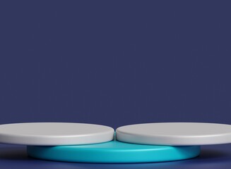 A stacked white and blue circular podium for product display against a purple background