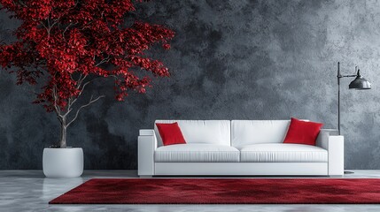 Modern Living Room with White Sofa, Red Pillows, Red Tree, Dark Gray Wall and Floor