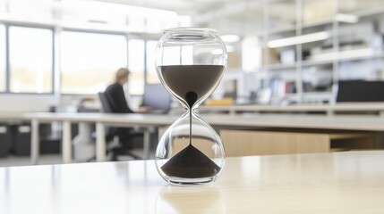 Hourglass measuring time in busy office with employee working