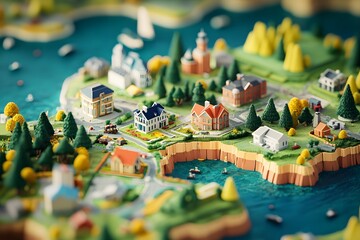 A colorful miniature town with houses, trees, and a waterfront scene.