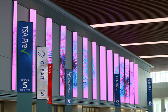 TSA Pre, CLEAR, and Delta SKY PRIORITY sign at LGuardia Airport in New York, NY, USA. August 29, 2024