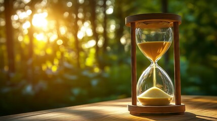 Hourglass measuring passing time on wooden table in sunny forest