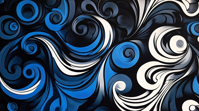 Bold blue and black tones with dynamic swirling patterns