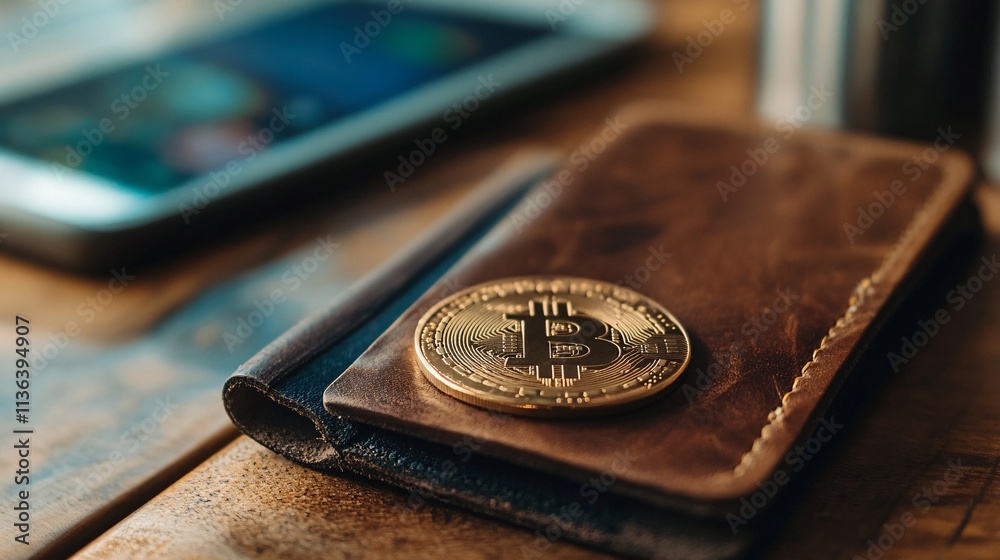 Aufkleber bitcoin resting on leather wallet with mobile device in background