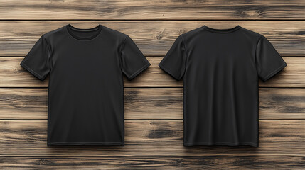 realistic lie down black t shirt mockup on wooden table, front and back view