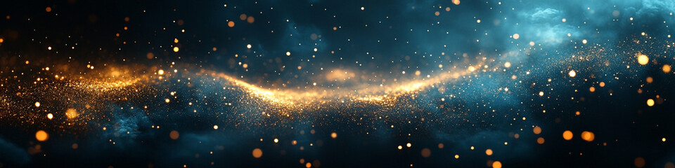 Fototapeta premium Radiant golden flecks gently float through a rich blue void, adding a touch of glamour to a serene, dark background