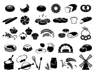 Bread, pastries and bakery icons set. Set of bakery products signs and symbols. Fresh and natural bread, rolls, baguettes, donuts, bagels and croissants. Isolated silhouette on white background