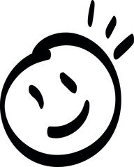 Simple black-and-white line drawing of a smiling face with two eyes and a curved mouth, with three short lines above the head suggesting excitement or movement.
