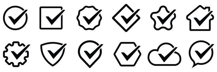 Set of check mark icon. Hand-drawn checkmark illustration. Border outline checkmark collection. Different border style checkmark vector illustration