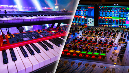 Musical equipment. Mixing console. Fragment of musical synthesizer. Audio equipment. Mixing console...