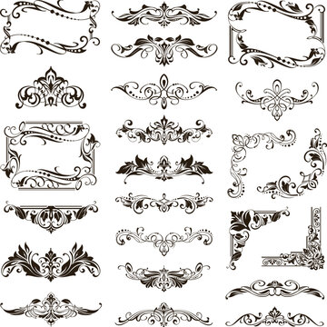 
Vintage design lace borders monogram logo and corners, dividers Vector set art deco floral ornaments elements