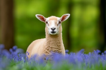 Fototapeta premium A ewe surrounded by blooming bluebells in a peaceful woodland glade