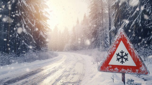 Snowy road with a warning sign indicating snow and winter conditions in a forest setting

