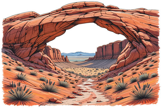 Desert landscape natural stone arch,  red rock formations dusty orange terrain. southwestern scattered scenery. erosion-carved landforms transparent background. 