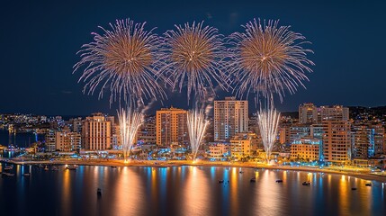 Spectacular Fireworks Display Over City Skyline at Night with Colorful Bursts