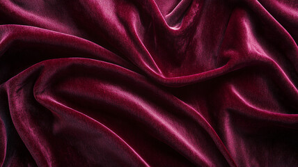 Fototapeta premium Rich burgundy velvet fabric illuminated by soft light, creating a smooth and opulent texture with reflections
