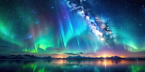 Serene Landscape with Vibrant Aurora Borealis and Starry Night Sky Reflecting on Calm Waters