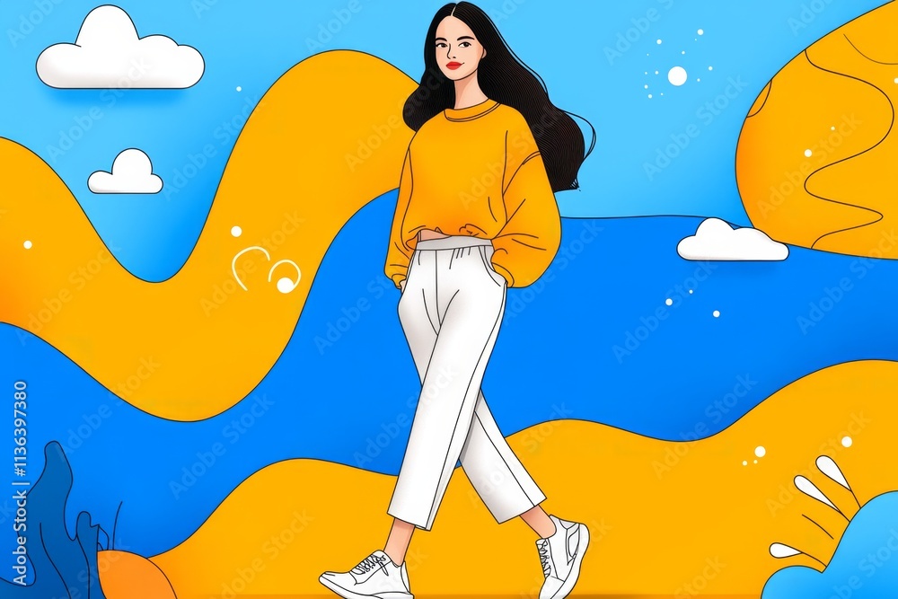 Aufkleber a flat design of a model walking a runway, with geometric patterns and monochromatic tones