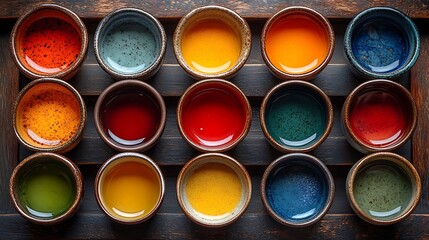 Colorful Tea Cups Arranged On Wooden Tray