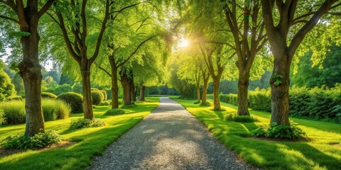 Obraz premium Sunlit Pathway Through a Lush Green Park with Mature Trees