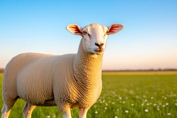 Obraz premium A flock of ewes grazing in a field dotted with daisies and other wildflowers under a soft morning light