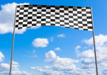 Finish checkered flag is over arch. Racing banner under blue sky. Finish flag for motocross....