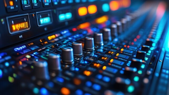 Studio audio mixer control panel close up.