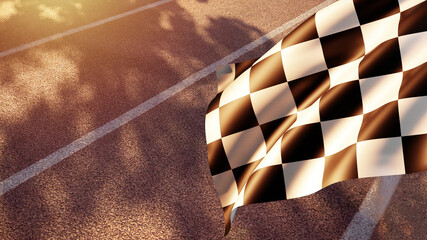 Finish flag over road. Racing banner near highway. Motocross flag. Banner for announcing start of...