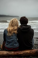 Couple enjoying peaceful ocean view on cloudy day at rocky beach