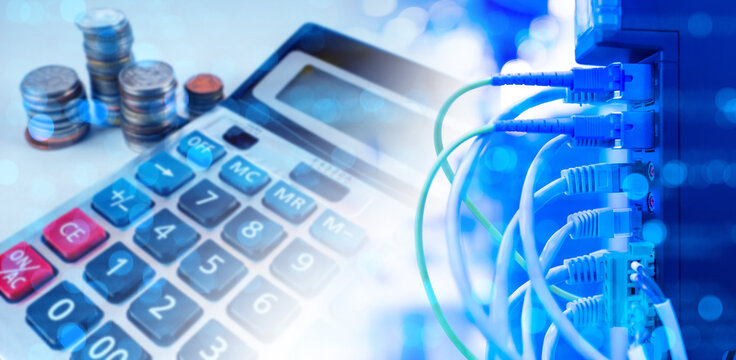 Network equipment. Calculator with money. Internet switch. Telecommunications service expenses concept. Network router with wires. Metaphors for rising prices for internet connections - Powered by Adobe
