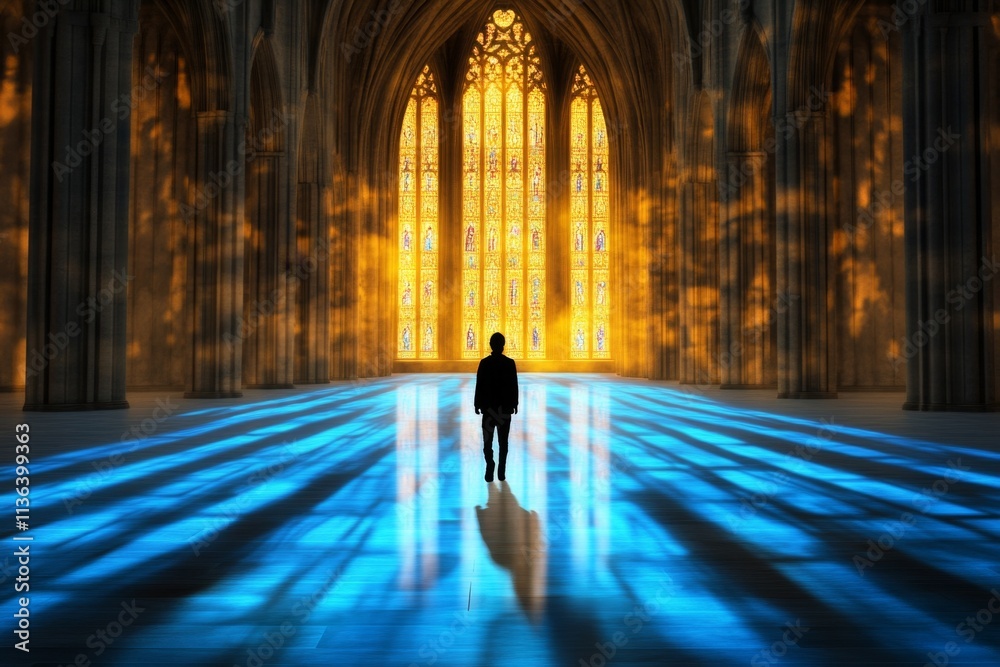 Aufkleber a gothic-inspired depiction of a person exploring an ancient, abandoned cathedral, with light stream