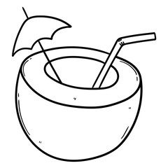 Hand drawn doodle coconut cocktail with a straw and umbrella on a white background.