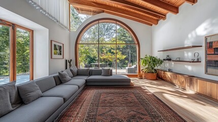 Fototapeta premium Modern living room with arched window, wooden beams, and gray sectional sofa.