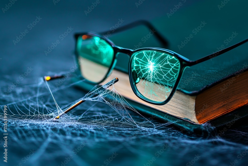 Poster a haunting scene of eyeglasses lying abandoned in a shadowy library, with cobwebs and a mysterious g