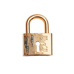 Golden Padlock with Integrated Circuits, Symbolizing Password Security and Technological Innovation, Isolated on White Background