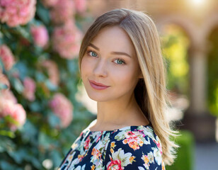 Piękna naturalna kobieta w sukience w kwiaty